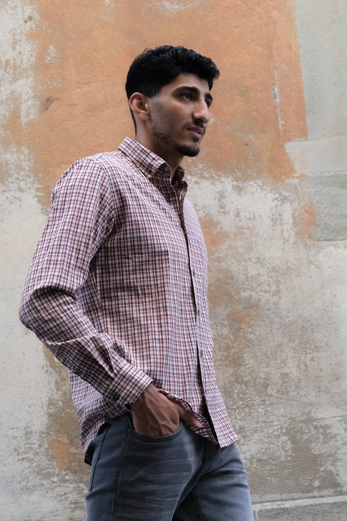Casual shirt with check pattern in orange/white (Art. 2123-C)