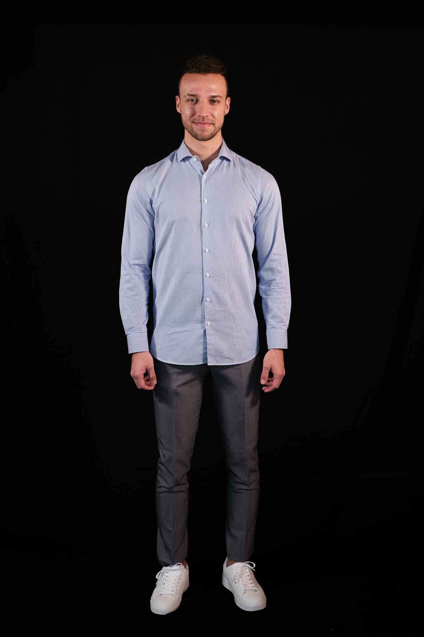 Hochwertiges Twill-Hemd Streifen Mittelblau Fitted (schmal geschnitten)