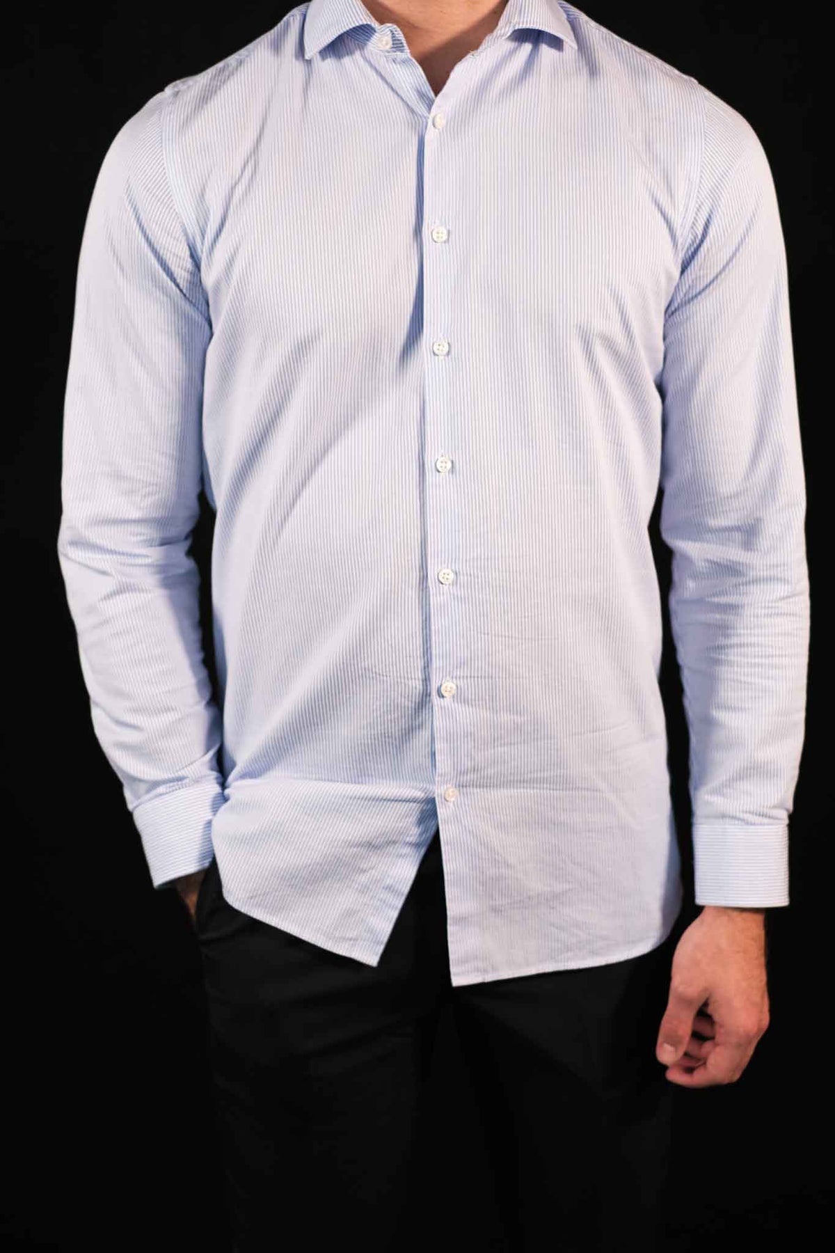 High Quality Twill Shirt Stripes Light Blue Fitted (Slim Fit)
