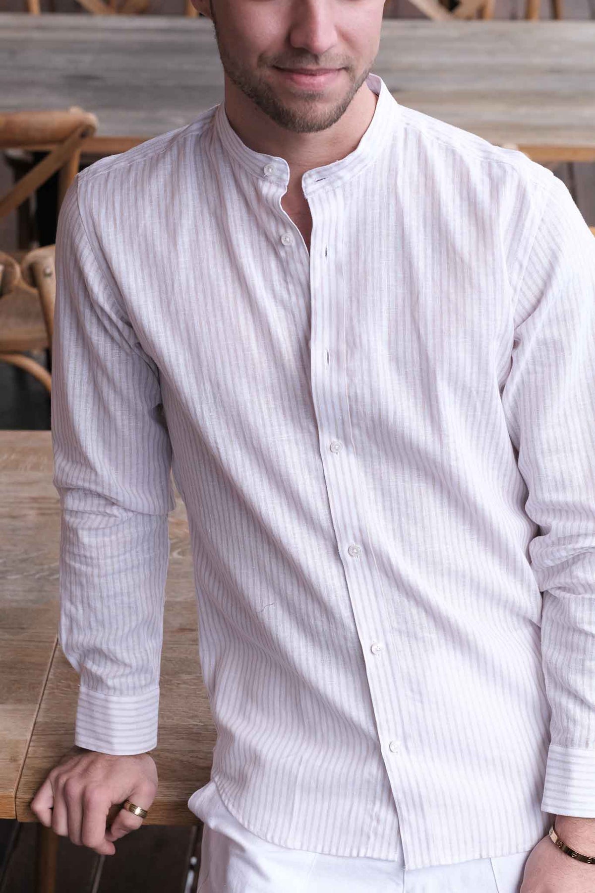 Linen shirt with stripes in beige and stand-up collar (Art. 2261-C-SK)