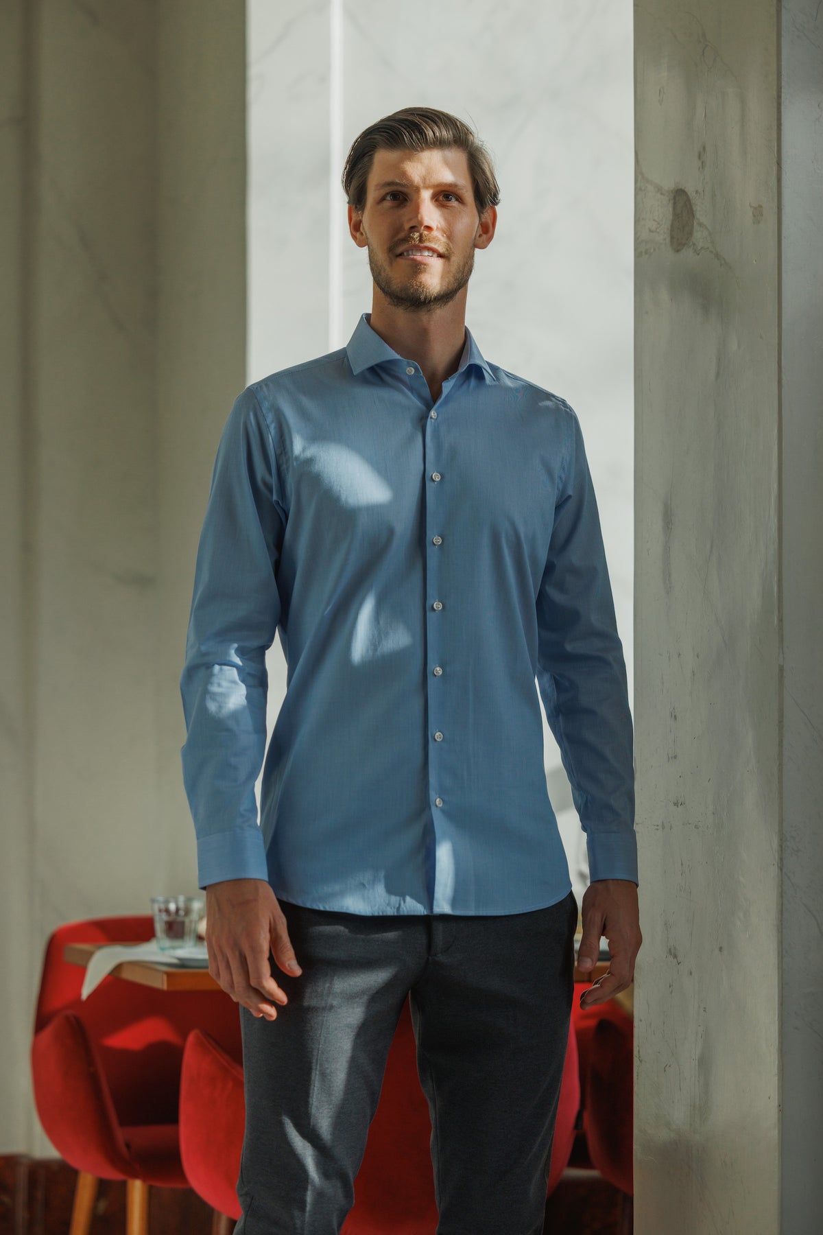 High Quality Twill Shirt Fine Check Medium Blue Fitted (Slim Fit)