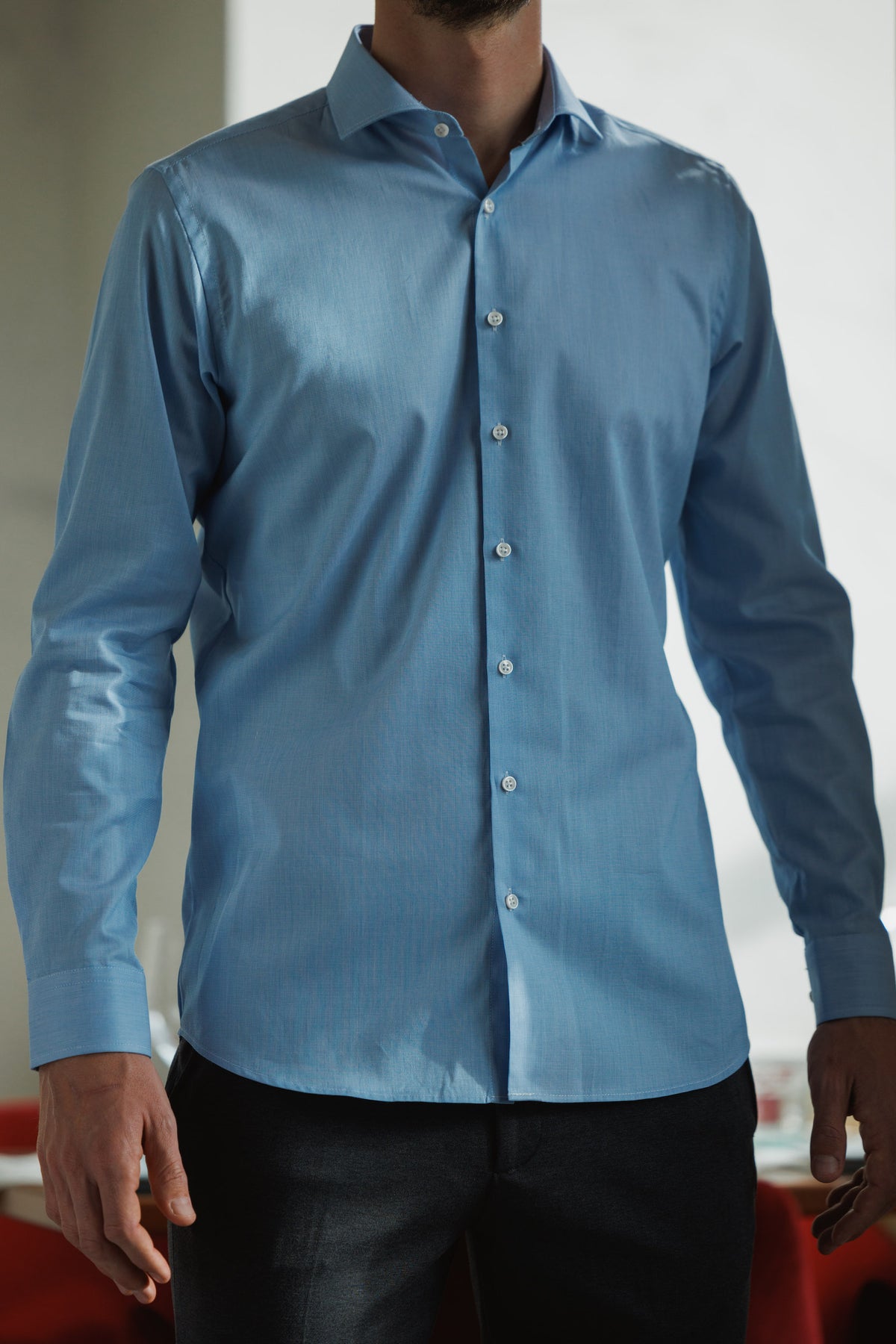 Chemise en sergé de haute qualité à carreaux fins bleu moyen Modern Fit (coupe droite)