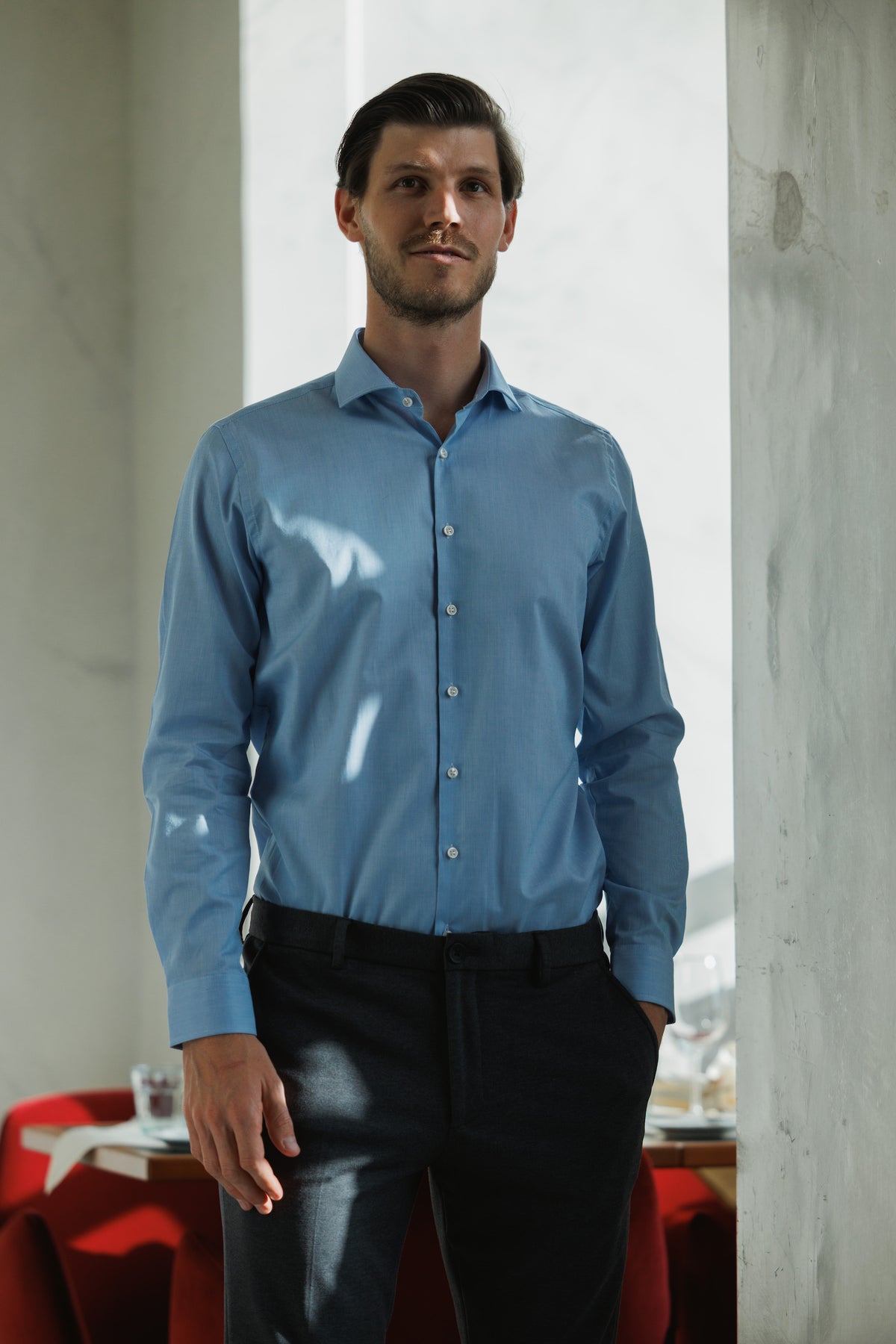 High Quality Twill Shirt Fine Check Medium Blue Fitted (Slim Fit)