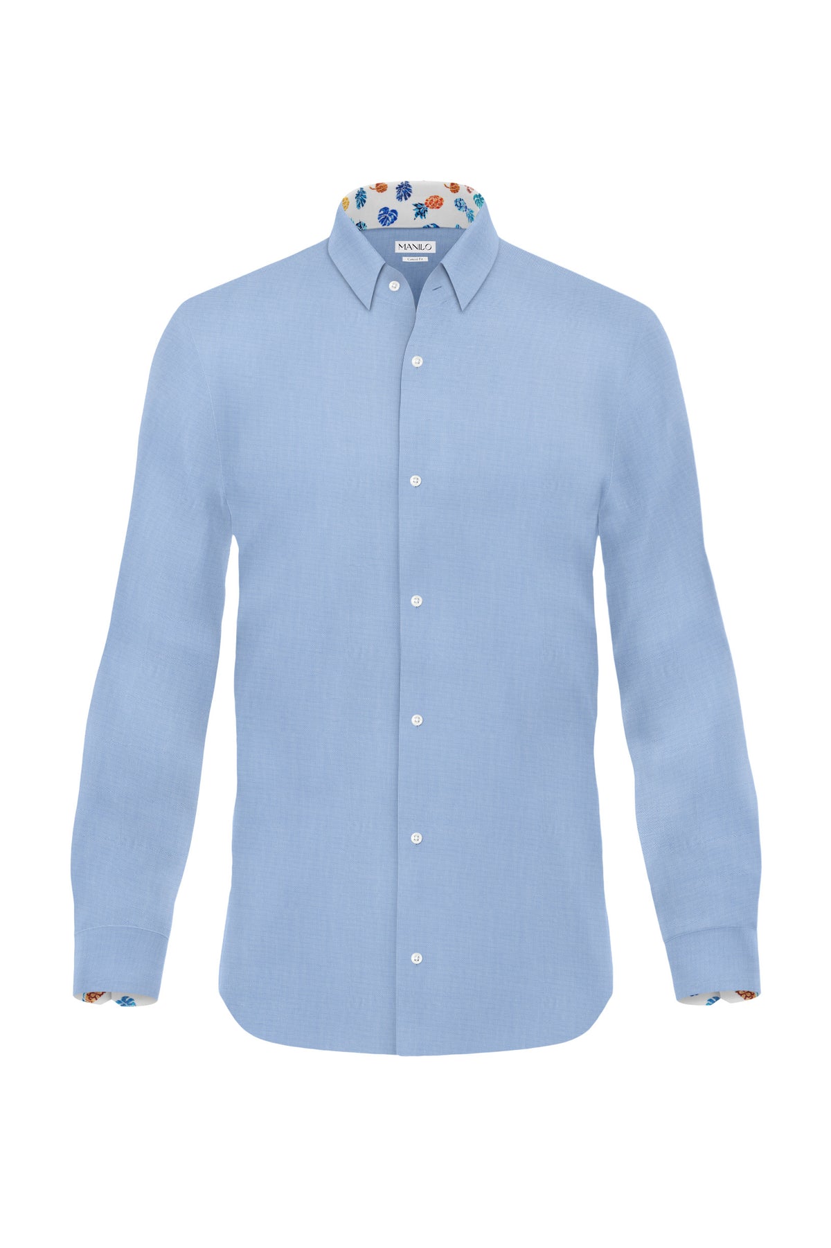 Casual shirt with summery print pattern in collar and cuff in light blue (item 2252-C)