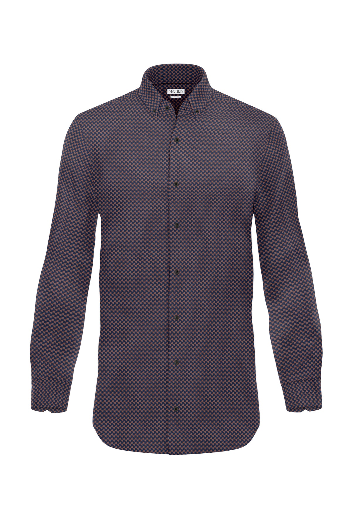 Printed casual shirt with graphic pattern in cognac/navy (Art. 2113-C)